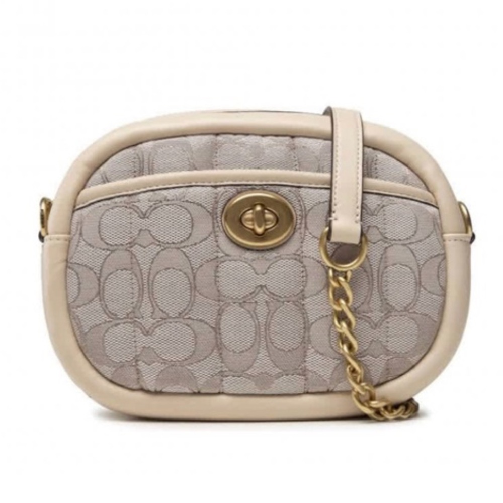 Coach Signature Chain Leather Jacquard Quilt Print Crossbody Bag Stone Ivory